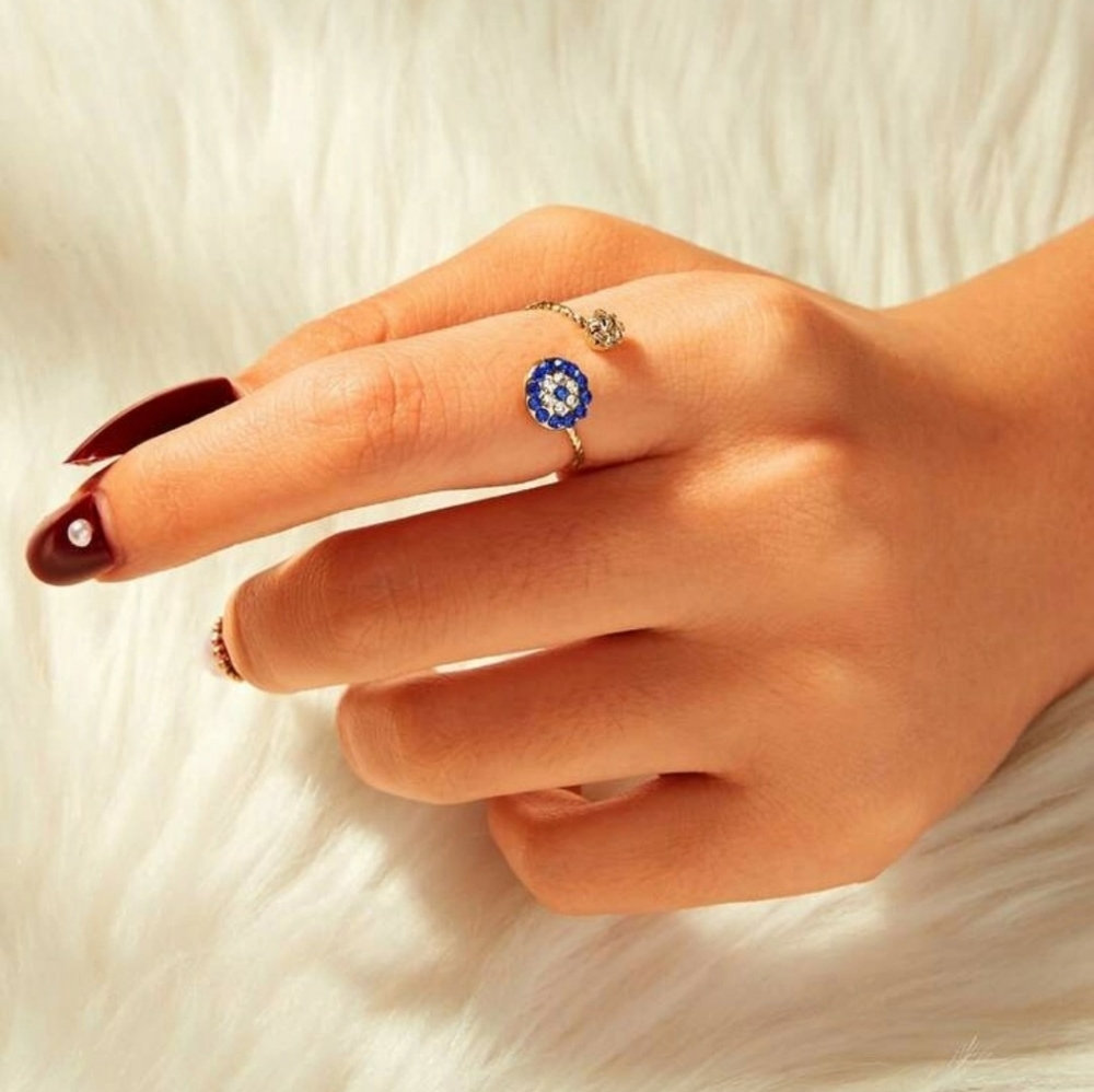 Adjustable circular evil eye ring with rhinestones